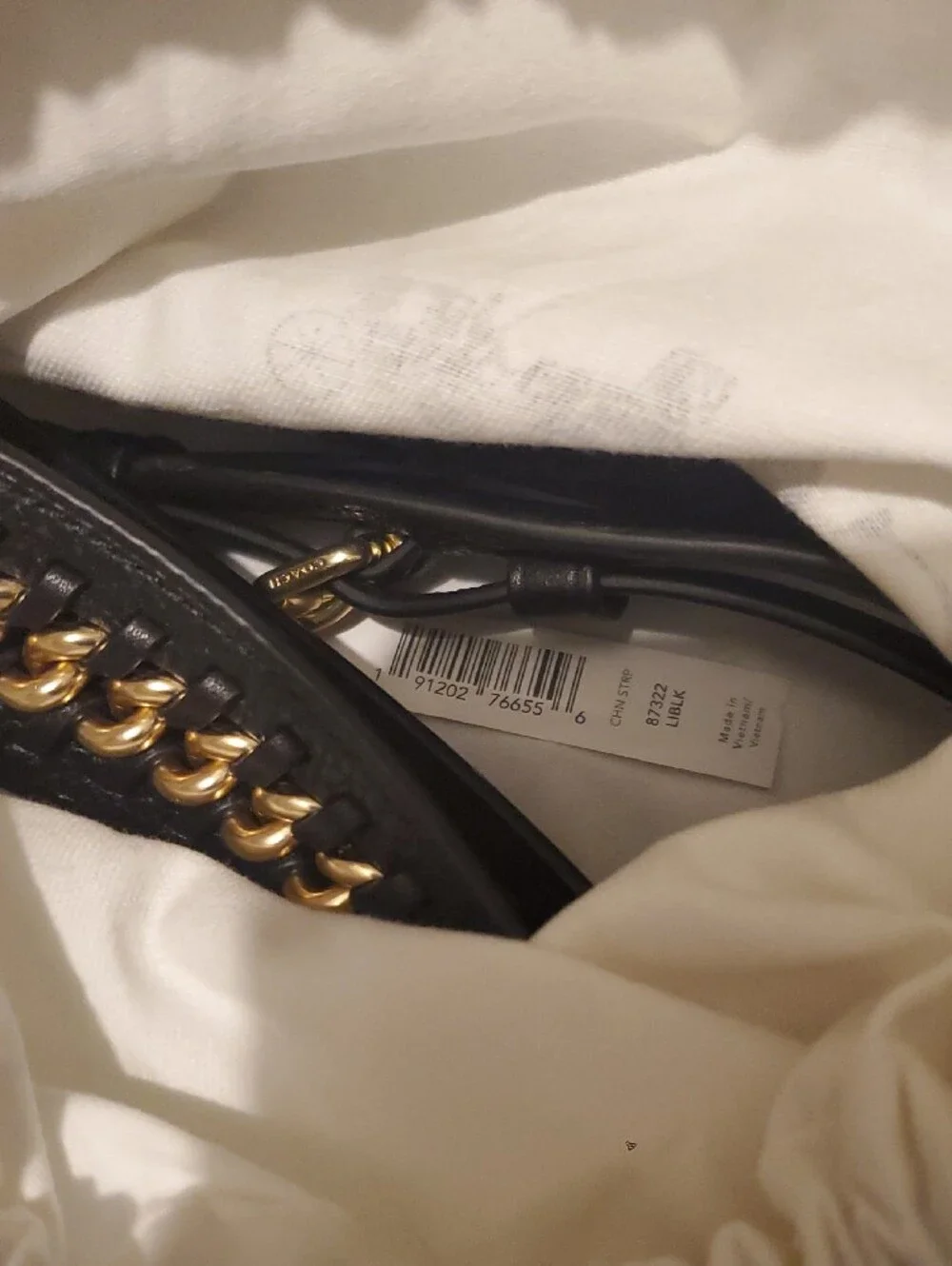 Coach Black Leather Strap with Gold Chain Accent